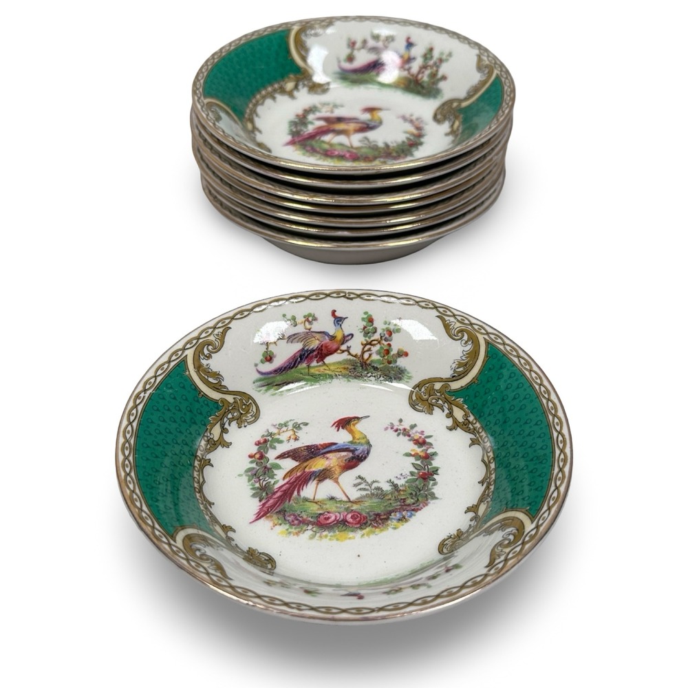 Royal Myott Chelsea Bird Green Berry Fruit Dessert Bowls 5" Staffordshire Set 8